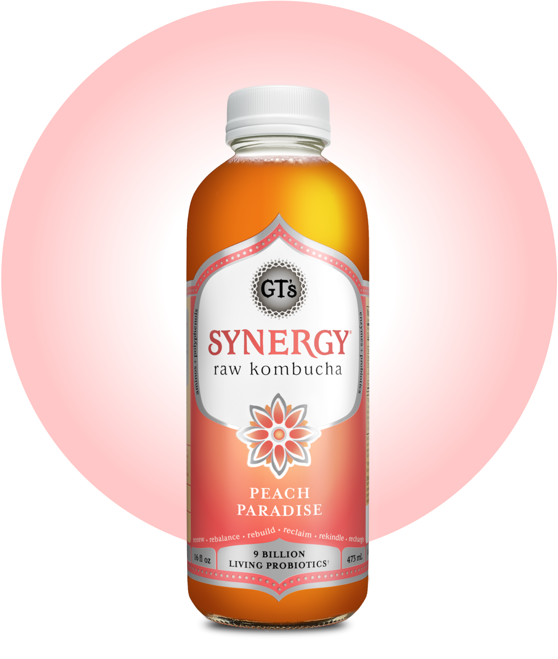 GT's SYNERGY Raw Kombucha Peach Paradise Bottle