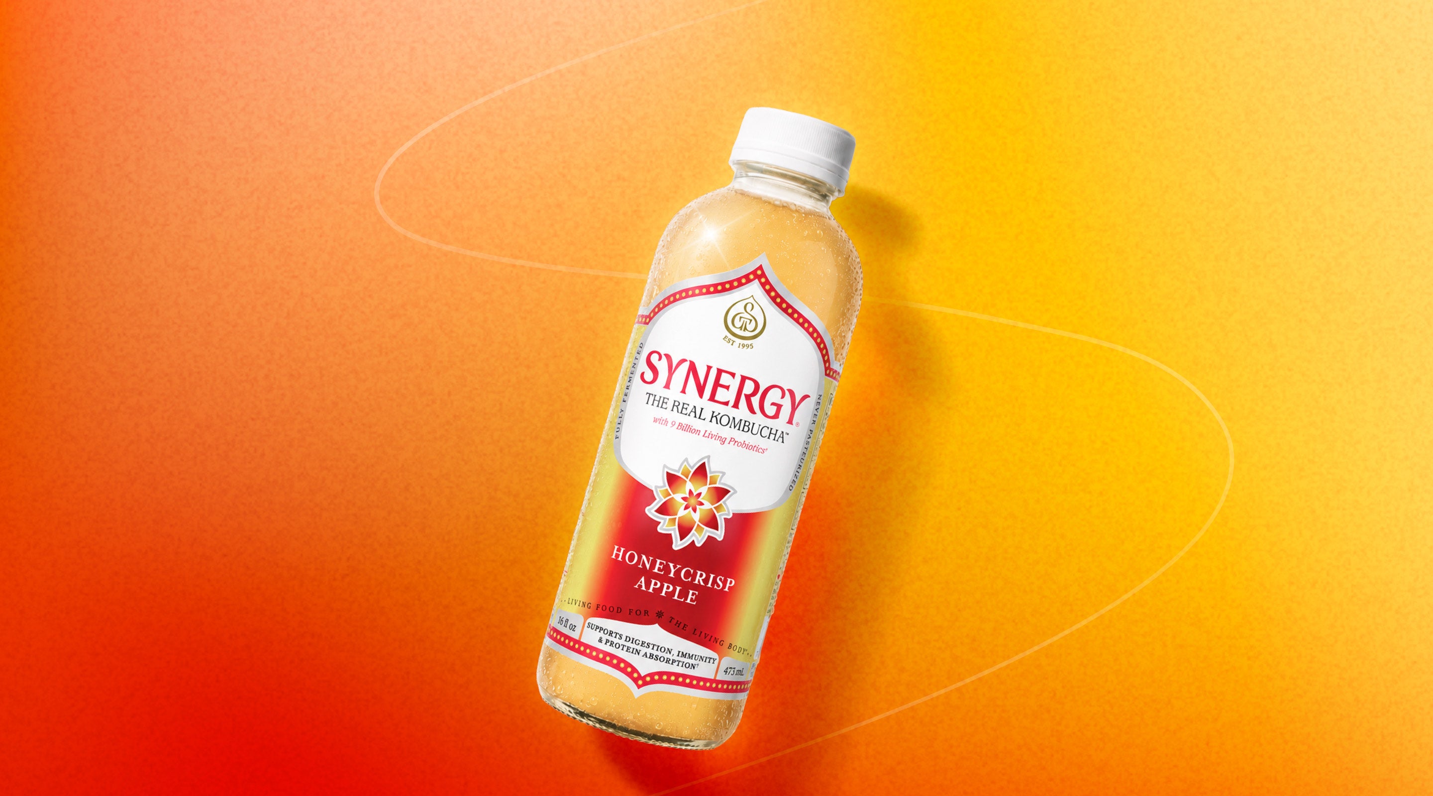 A bottle of Synergy Honeycrisp Apple kombucha on a warm orange gradient background