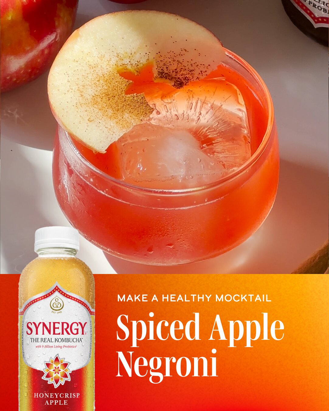 Make a healthy mocktail — Spiced Apple Negroni with Synergy Honeycrisp Apple kombucha